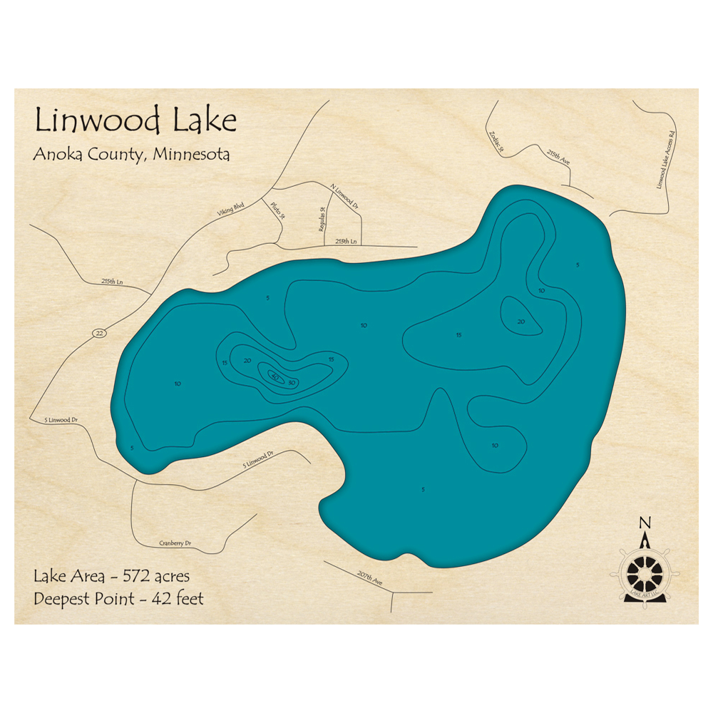 Bathymetric topo map of Linwood Lake, MN with roads, towns and depths noted in blue water.