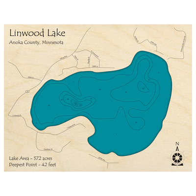 Bathymetric topo map of Linwood Lake, MN with roads, towns and depths noted in blue water.