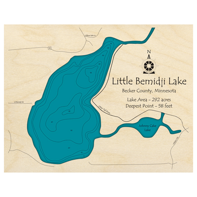 Bathymetric topo map of Little Lake Bemidji, MN with roads, towns and depths noted in blue water.