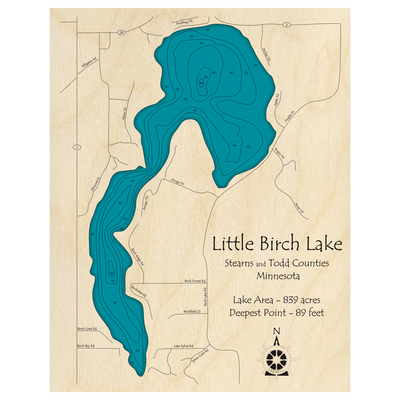 Bathymetric topo map of Little Birch Lake, MN with roads, towns and depths noted in blue water.