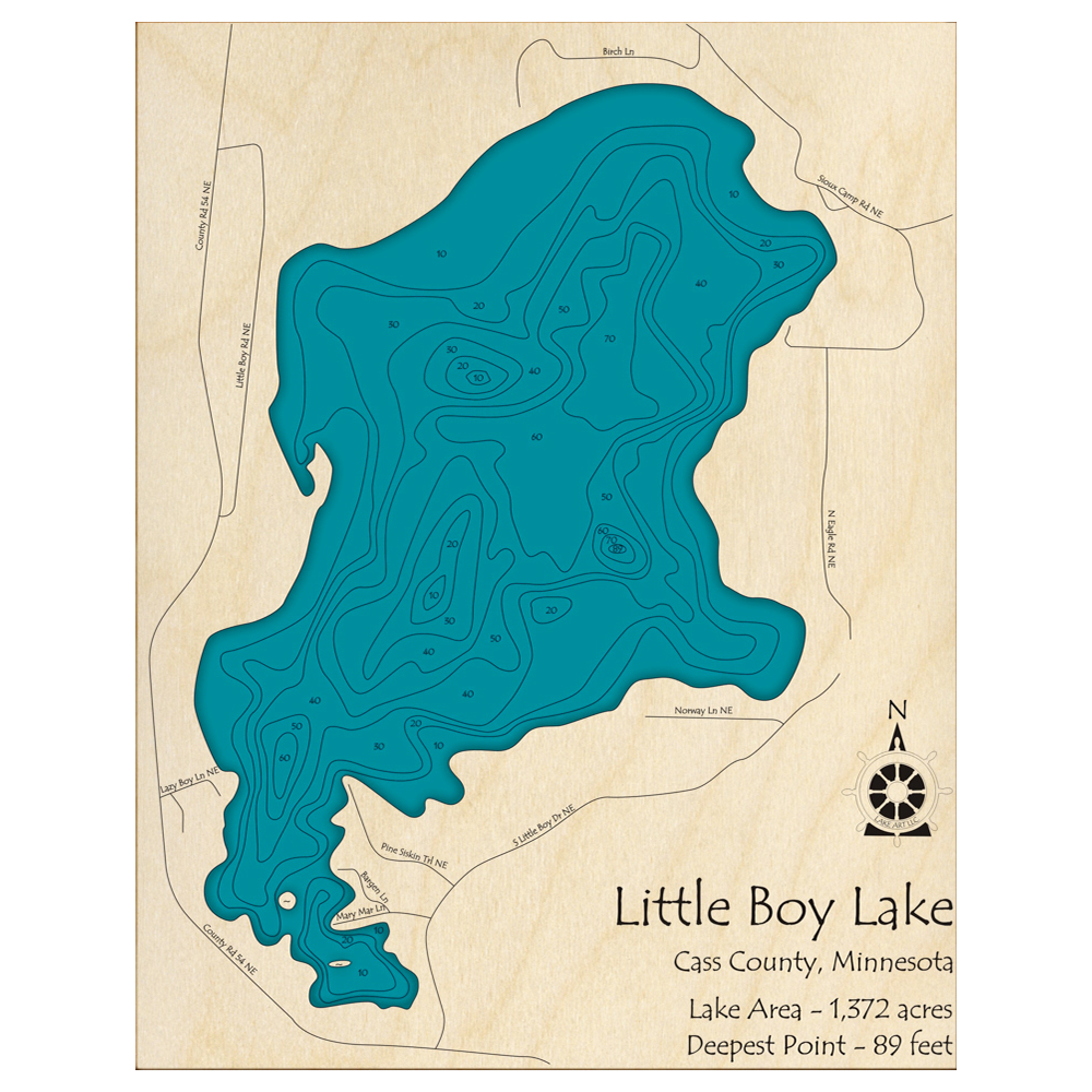 Bathymetric topo map of Little Boy Lake, MN with roads, towns and depths noted in blue water.