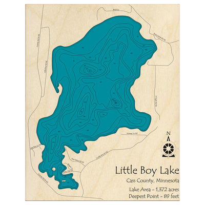 Bathymetric topo map of Little Boy Lake, MN with roads, towns and depths noted in blue water.
