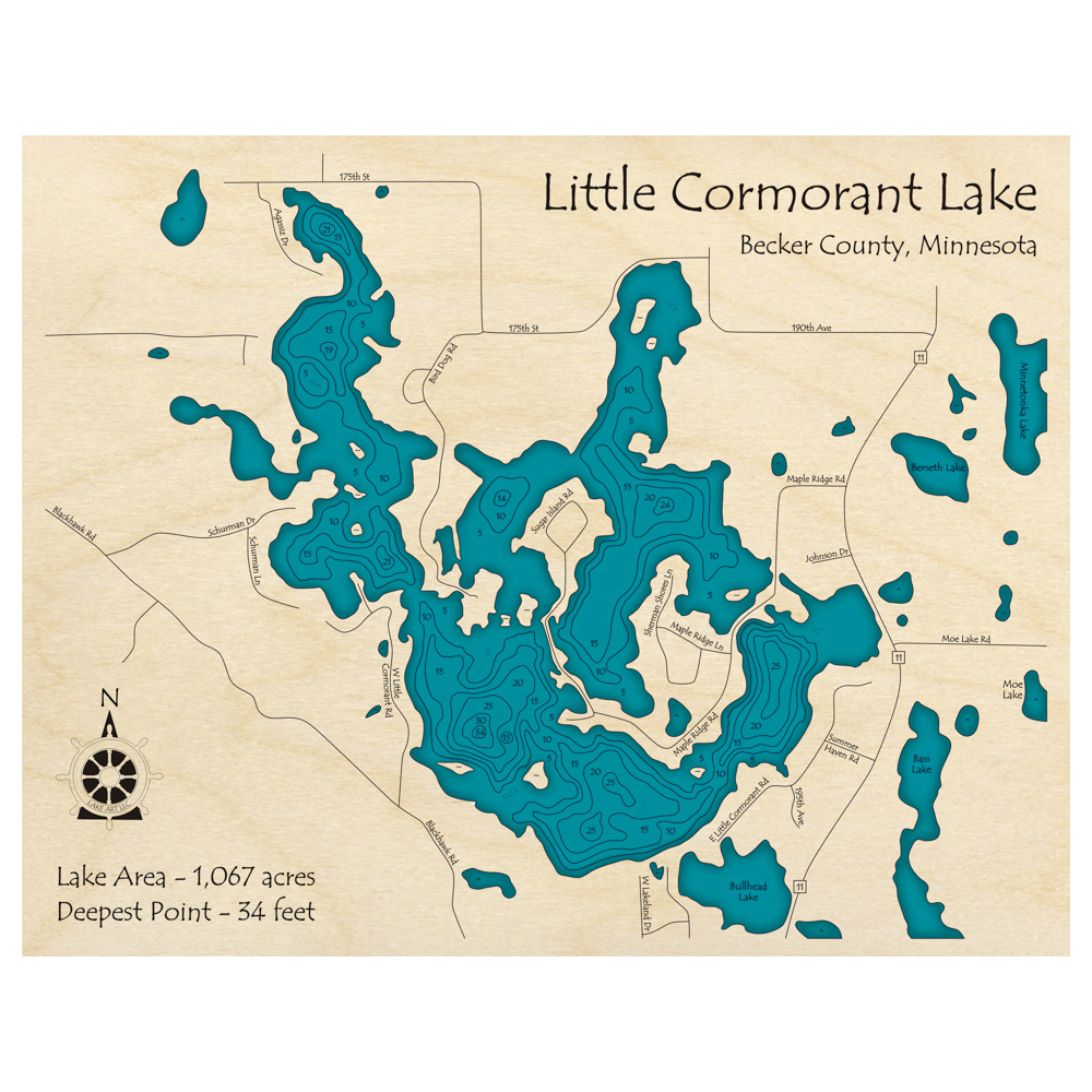 Bathymetric topo map of Little Cormorant Lake, MN with roads, towns and depths noted in blue water.
