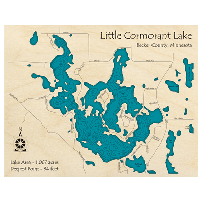 Bathymetric topo map of Little Cormorant Lake, MN with roads, towns and depths noted in blue water.