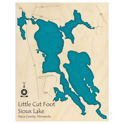 Bathymetric topo map of Little Cut Foot Sioux Lake, MN with roads, towns and depths noted in blue water.