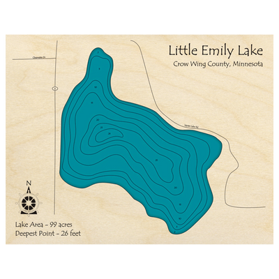 Bathymetric topo map of Little Emily Lake, MN with roads, towns and depths noted in blue water.