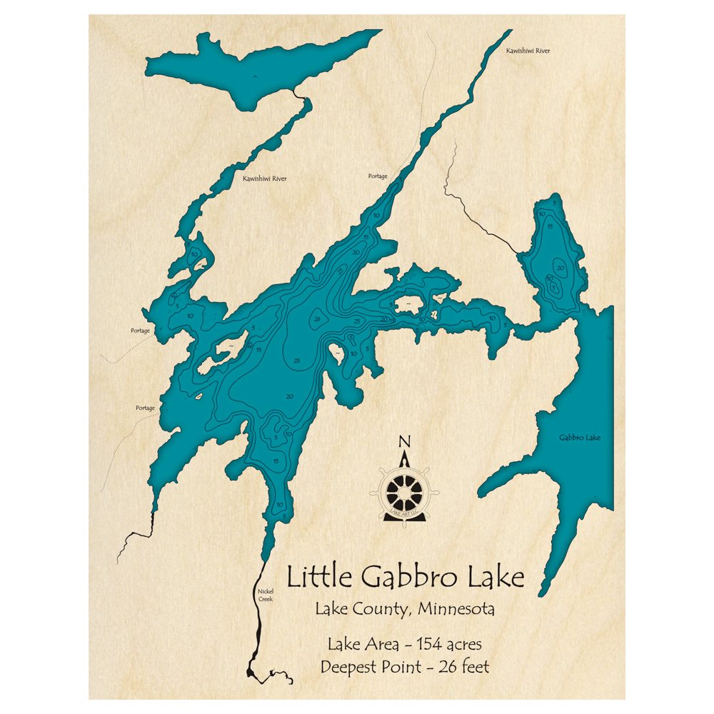 Bathymetric topo map of Little Gabbro Lake, MN with roads, towns and depths noted in blue water.