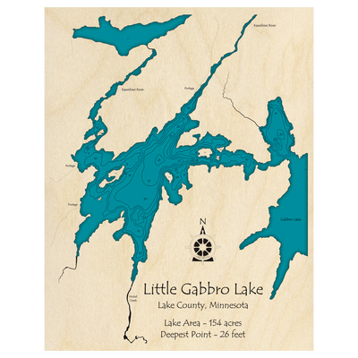 Bathymetric topo map of Little Gabbro Lake, MN with roads, towns and depths noted in blue water.
