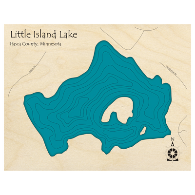 Bathymetric topo map of Little Island Lake, MN with roads, towns and depths noted in blue water.