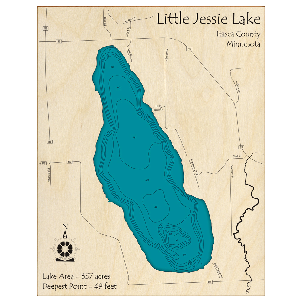 Bathymetric topo map of Little Jessie Lake, MN with roads, towns and depths noted in blue water.