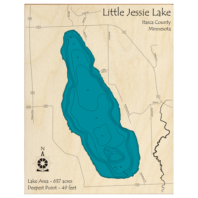 Bathymetric topo map of Little Jessie Lake, MN with roads, towns and depths noted in blue water.