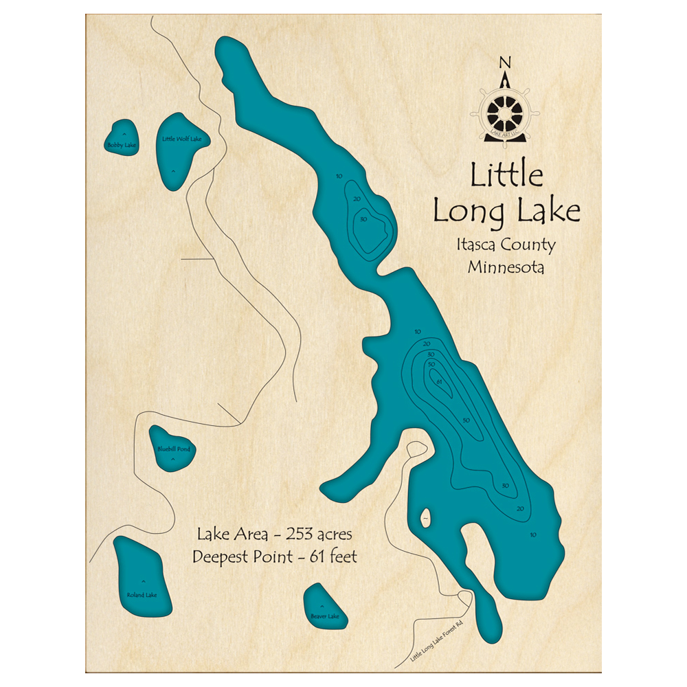 Bathymetric topo map of Little Long Lake, MN with roads, towns and depths noted in blue water.