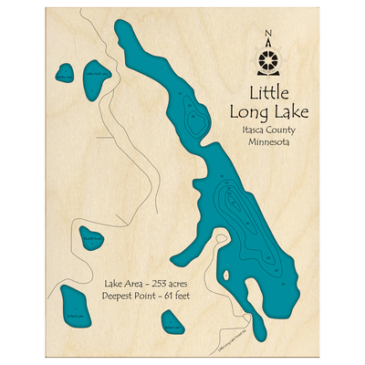 Bathymetric topo map of Little Long Lake, MN with roads, towns and depths noted in blue water.
