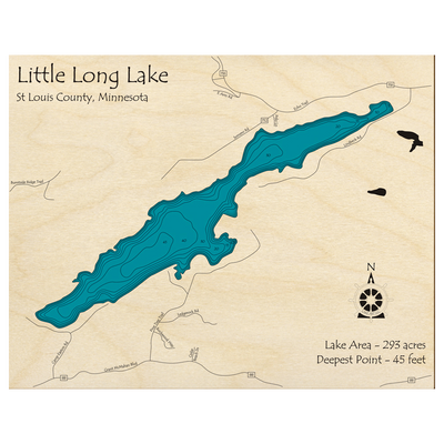 Bathymetric topo map of Little Long Lake, MN with roads, towns and depths noted in blue water.
