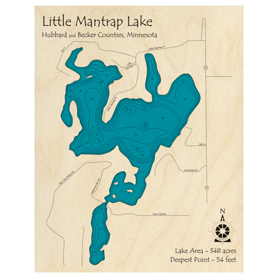 Bathymetric topo map of Little Mantrap Lake, MN with roads, towns and depths noted in blue water.
