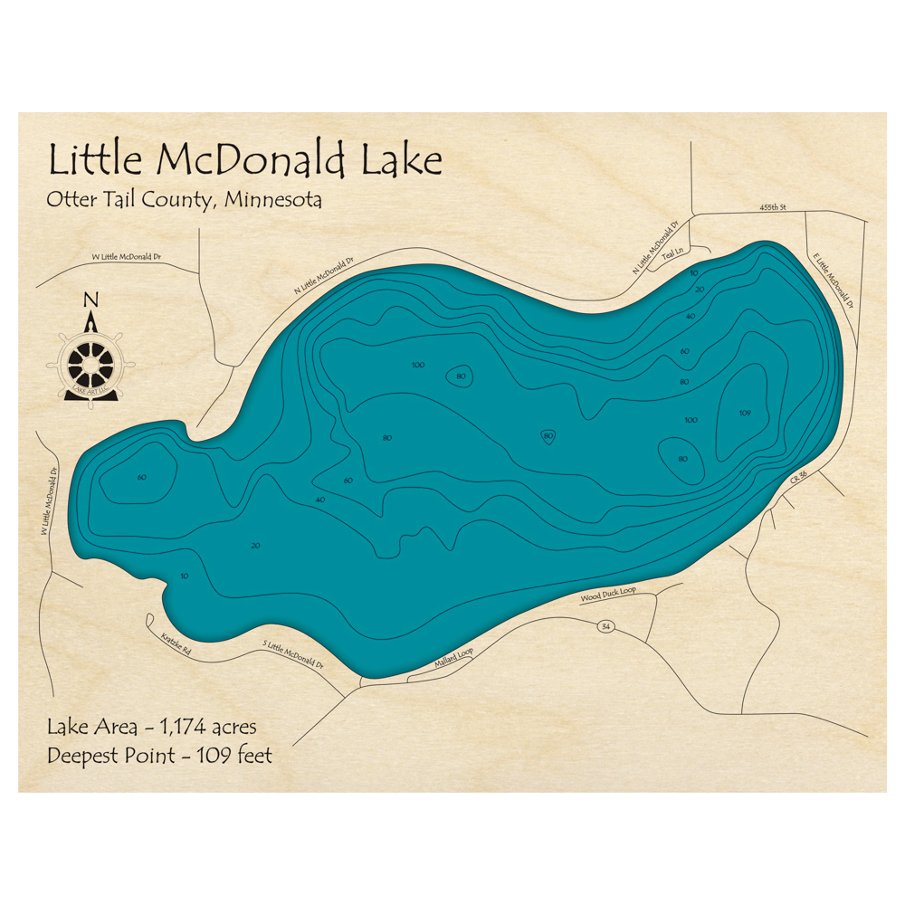 Bathymetric topo map of McDonald Lake, MN with roads, towns and depths noted in blue water.