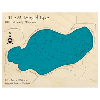 Bathymetric topo map of McDonald Lake, MN with roads, towns and depths noted in blue water.