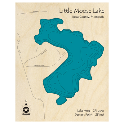 Bathymetric topo map of Little Moose Lake, MN with roads, towns and depths noted in blue water.