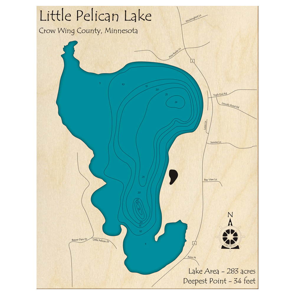 Bathymetric topo map of Little Pelican, MN with roads, towns and depths noted in blue water.