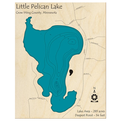 Bathymetric topo map of Little Pelican, MN with roads, towns and depths noted in blue water.