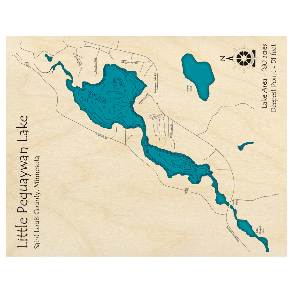 Bathymetric topo map of Little Pequaywan Lake, MN with roads, towns and depths noted in blue water.