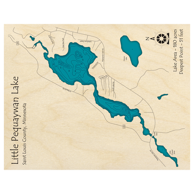 Bathymetric topo map of Little Pequaywan Lake, MN with roads, towns and depths noted in blue water.