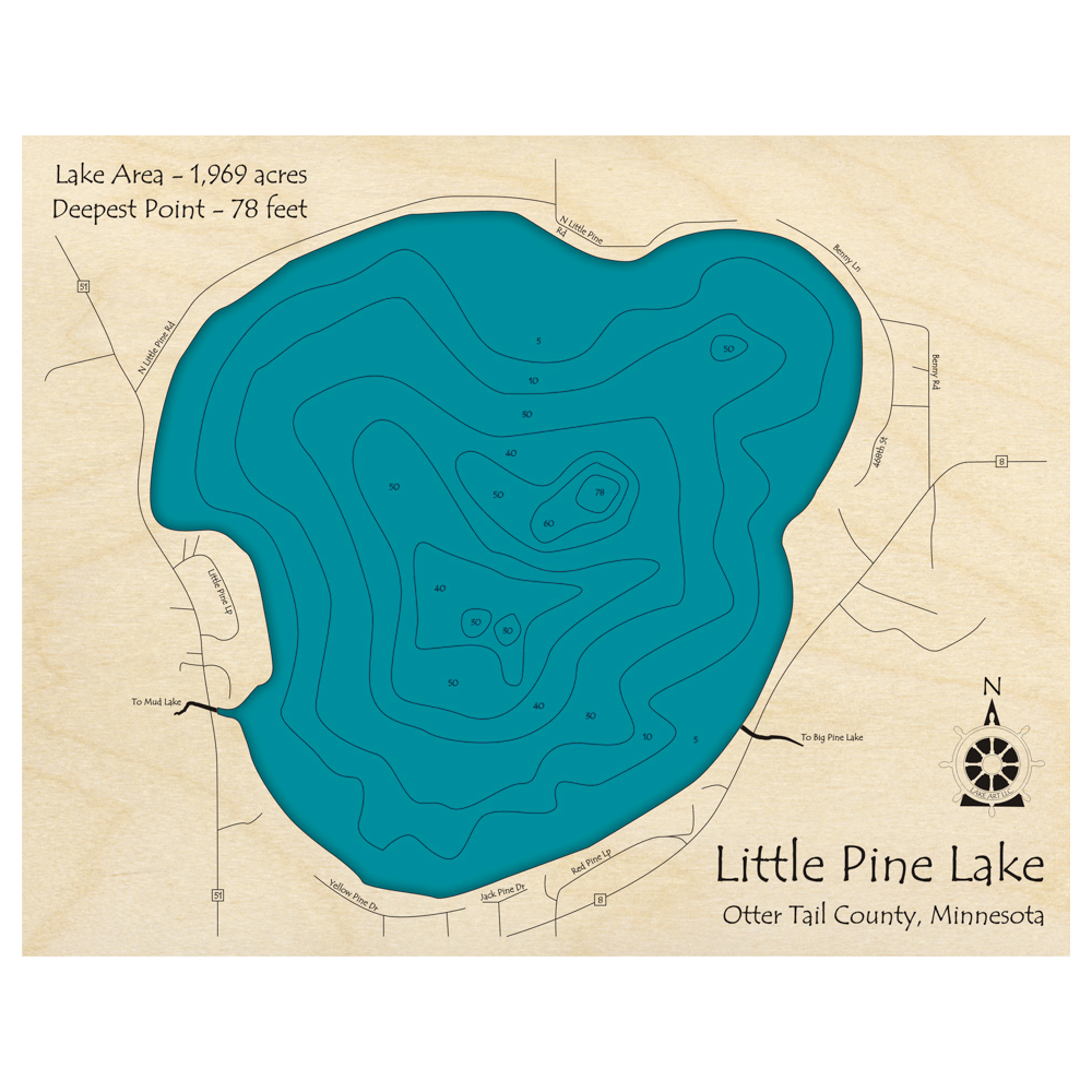 Bathymetric topo map of Little Pine Lake, MN with roads, towns and depths noted in blue water.