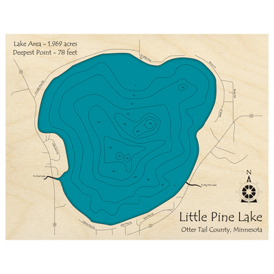 Bathymetric topo map of Little Pine Lake, MN with roads, towns and depths noted in blue water.