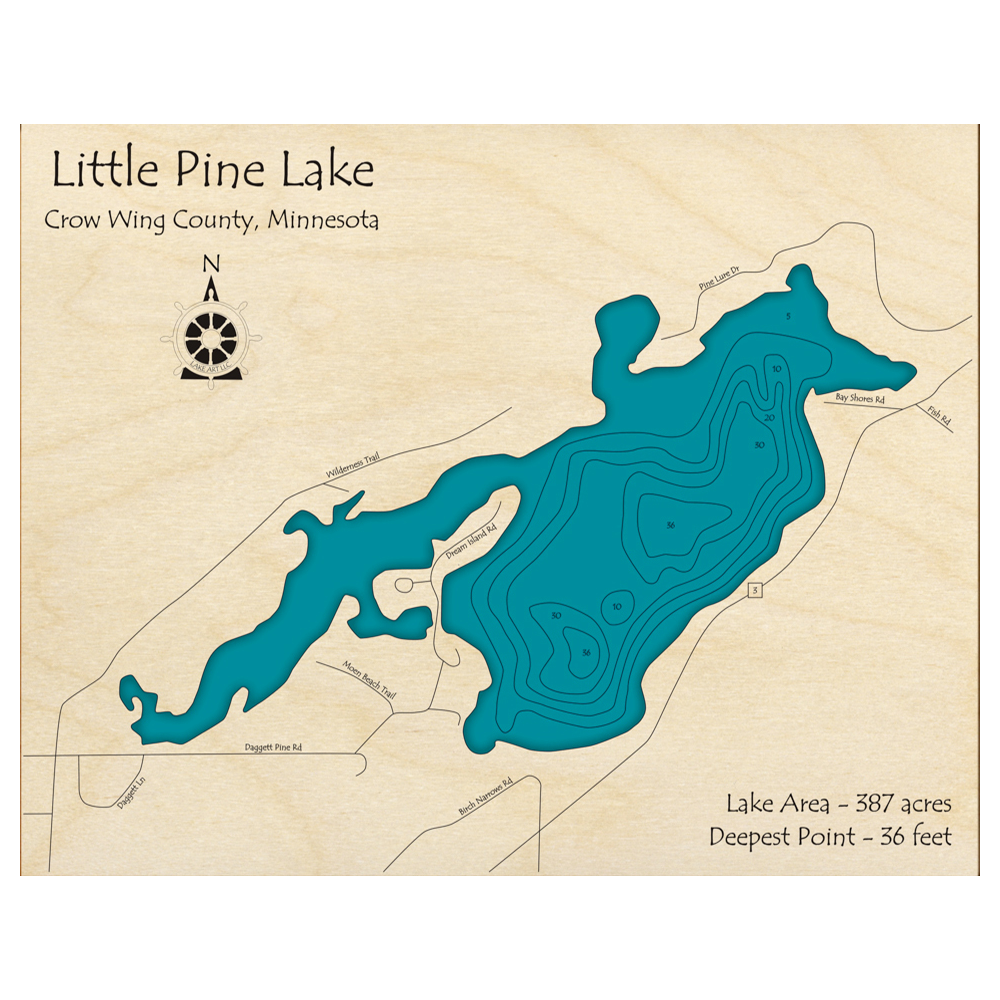 Bathymetric topo map of Little Pine Lake, MN with roads, towns and depths noted in blue water.