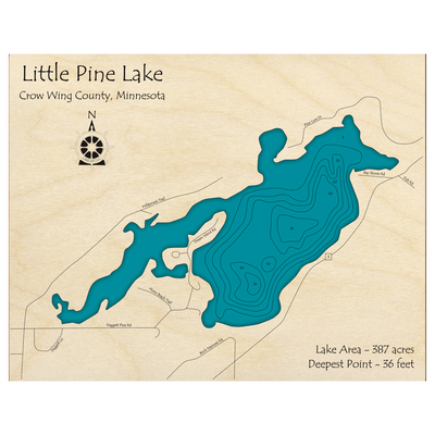 Bathymetric topo map of Little Pine Lake, MN with roads, towns and depths noted in blue water.