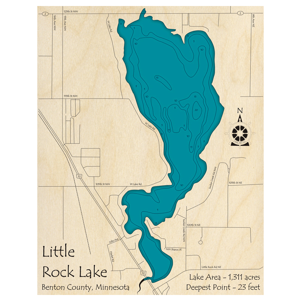 Bathymetric topo map of Little Rock Lake, MN with roads, towns and depths noted in blue water.