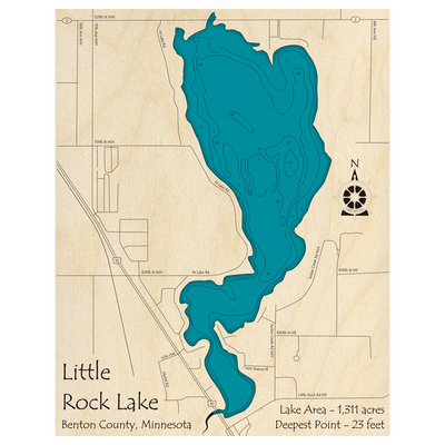 Bathymetric topo map of Little Rock Lake, MN with roads, towns and depths noted in blue water.
