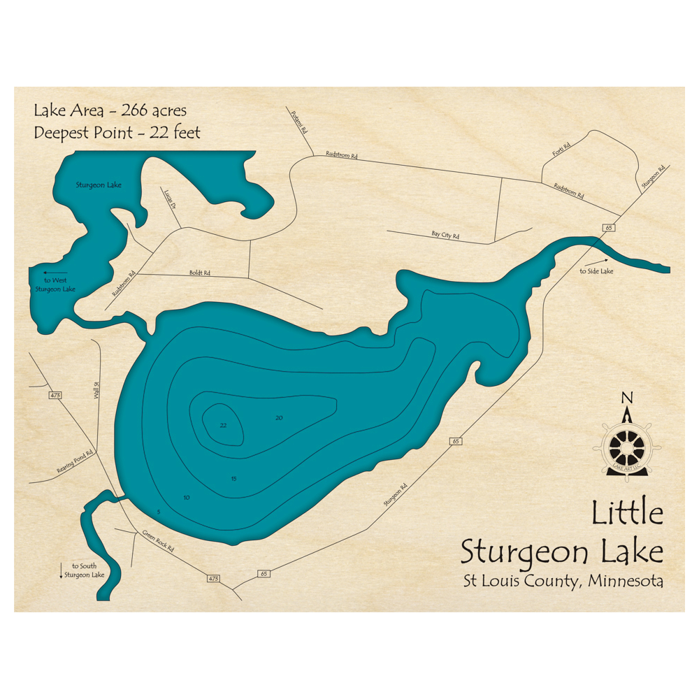 Bathymetric topo map of Little Sturgeon Lake, MN with roads, towns and depths noted in blue water.