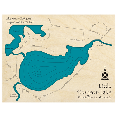 Bathymetric topo map of Little Sturgeon Lake, MN with roads, towns and depths noted in blue water.