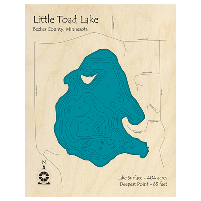 Bathymetric topo map of Little Toad Lake, MN with roads, towns and depths noted in blue water.