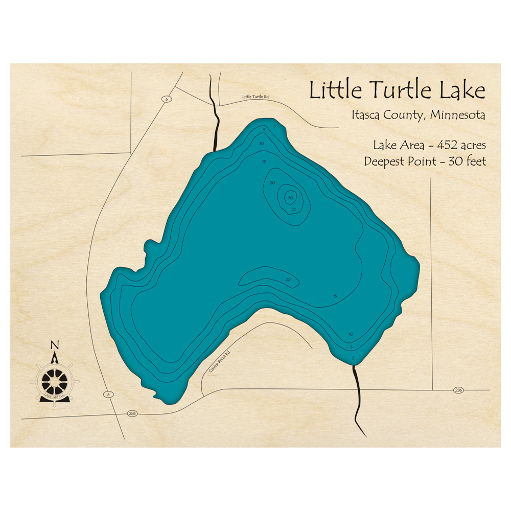 Bathymetric topo map of Little Turtle Lake, MN with roads, towns and depths noted in blue water.