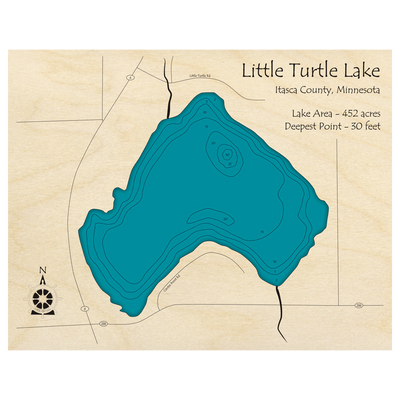Bathymetric topo map of Little Turtle Lake, MN with roads, towns and depths noted in blue water.