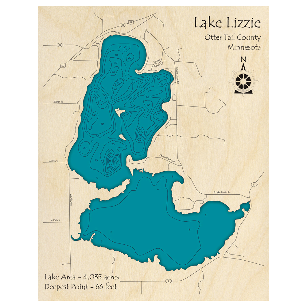 Bathymetric topo map of Lake Lizzie, MN with roads, towns and depths noted in blue water.