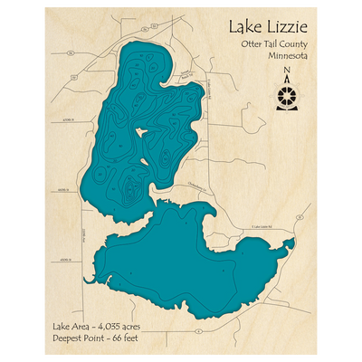 Bathymetric topo map of Lake Lizzie, MN with roads, towns and depths noted in blue water.