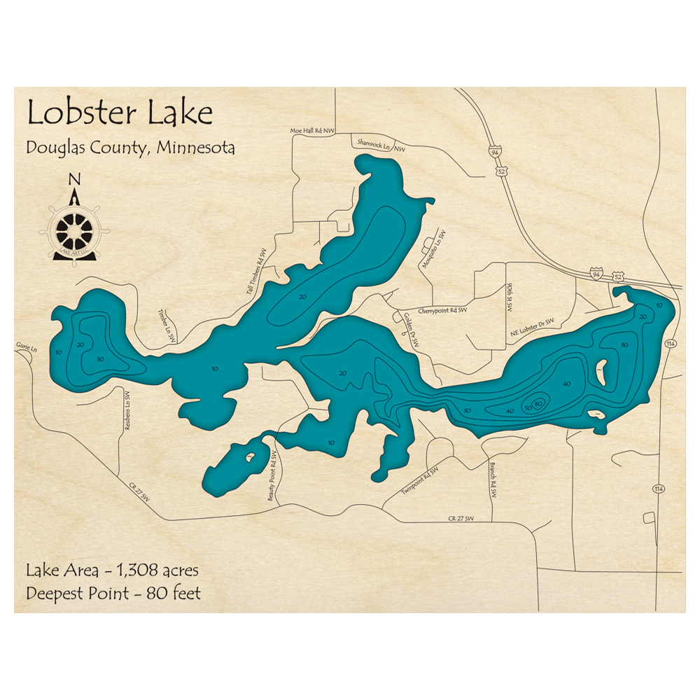 Bathymetric topo map of Lobster Lake, MN with roads, towns and depths noted in blue water.