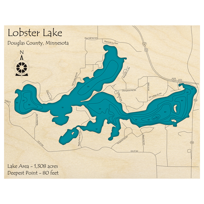 Bathymetric topo map of Lobster Lake, MN with roads, towns and depths noted in blue water.