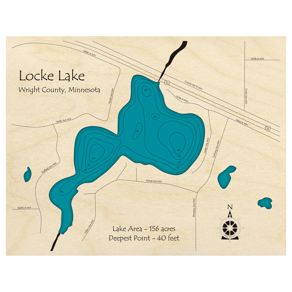 Bathymetric topo map of Locke Lake, MN with roads, towns and depths noted in blue water.