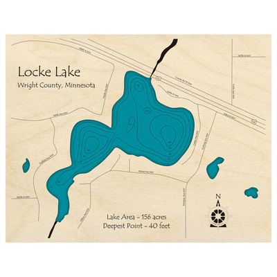 Bathymetric topo map of Locke Lake, MN with roads, towns and depths noted in blue water.