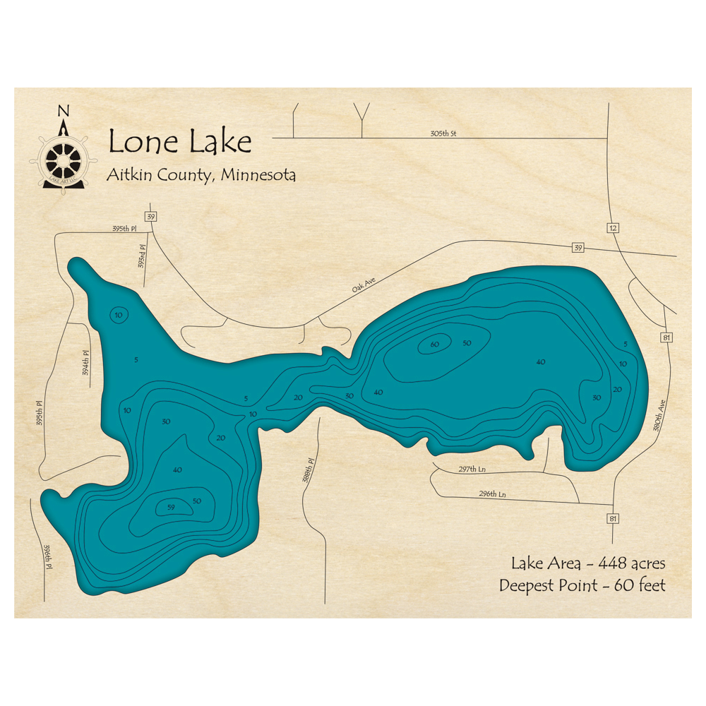 Bathymetric topo map of Lone Lake, MN with roads, towns and depths noted in blue water.