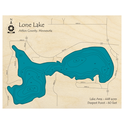 Bathymetric topo map of Lone Lake, MN with roads, towns and depths noted in blue water.