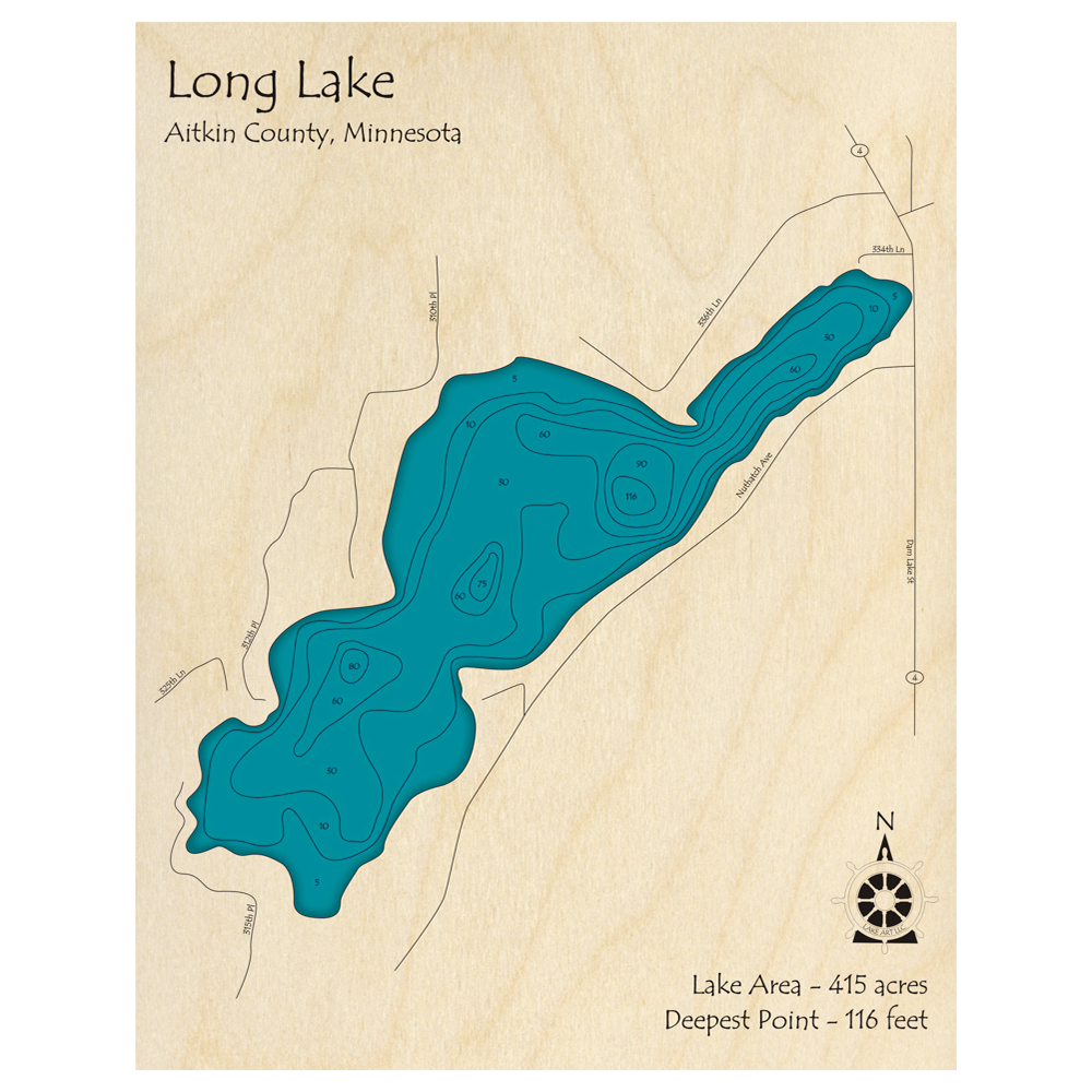 Bathymetric topo map of Long Lake, MN with roads, towns and depths noted in blue water.