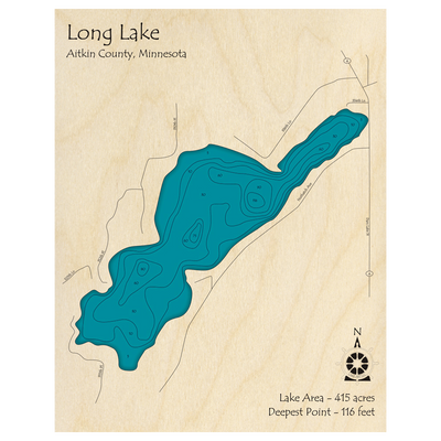 Bathymetric topo map of Long Lake, MN with roads, towns and depths noted in blue water.