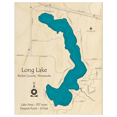 Bathymetric topo map of Long Lake, MN with roads, towns and depths noted in blue water.