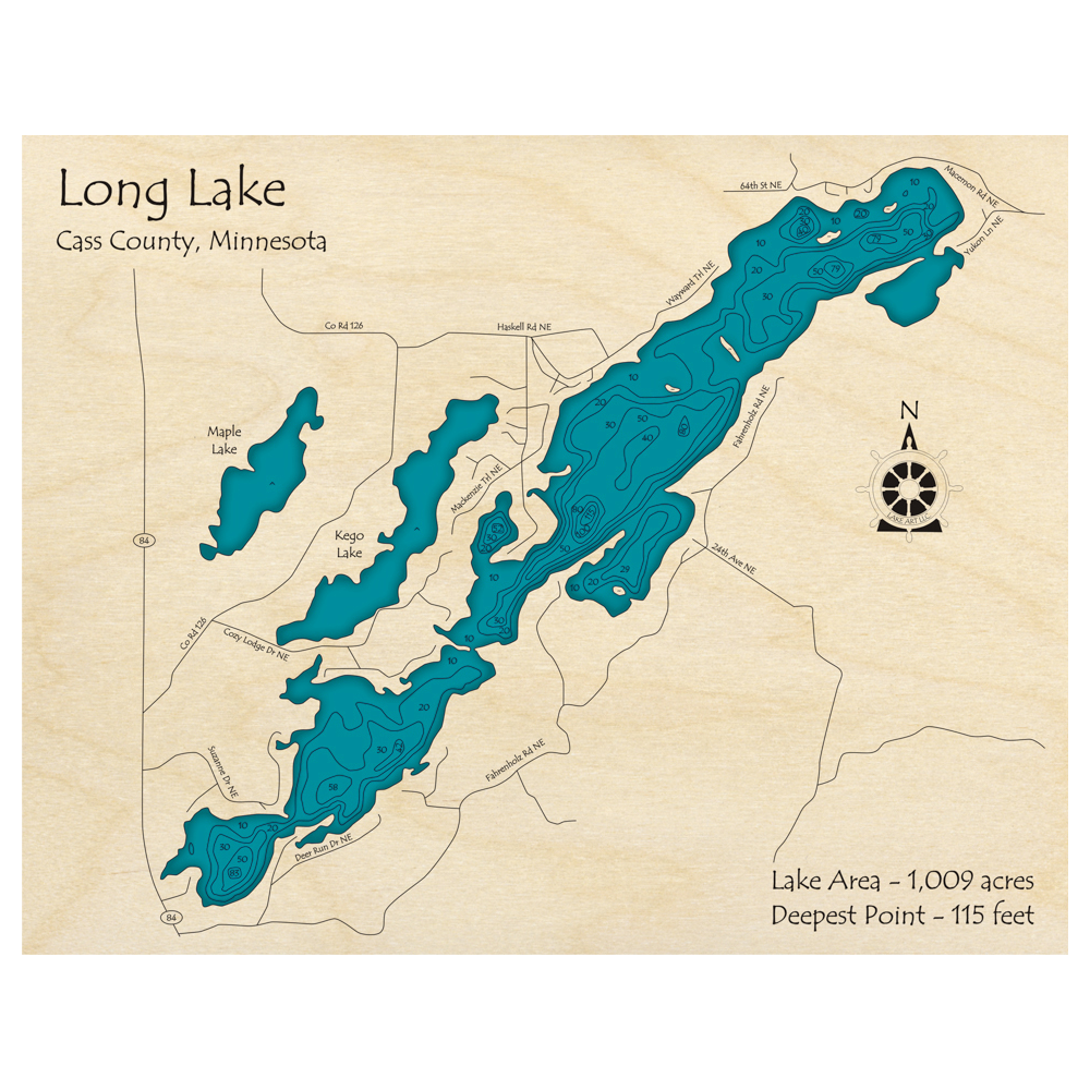 Bathymetric topo map of Long Lake, MN with roads, towns and depths noted in blue water.