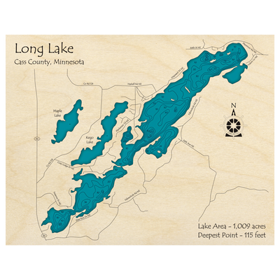 Bathymetric topo map of Long Lake, MN with roads, towns and depths noted in blue water.